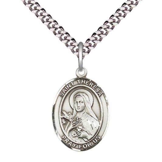 Mens Medium Oval .925 Sterling Silver Saint Theresa Medal Pendant on 24" Rhodium Plated Heavy Curb Brass Chain w/ Lobster Claw Clasp, Catholic Religious Necklace -Made in USA-Velvet Gift Box