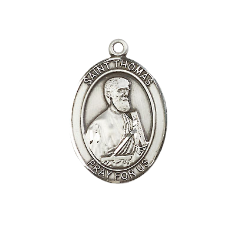 Medium Women's .925 Sterling Silver Saint St. Thomas Aquinas Medal Pendant on 18 Inch Rhodium Plated Lite Curb Brass Chain with Lobster Claw Clasp, Catholic Religious Necklace - Made in USA- Velvet Gift Box