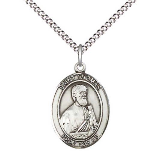 Medium Women's .925 Sterling Silver Saint St. Thomas Aquinas Medal Pendant on 18 Inch Rhodium Plated Lite Curb Brass Chain with Lobster Claw Clasp, Catholic Religious Necklace - Made in USA- Velvet Gift Box