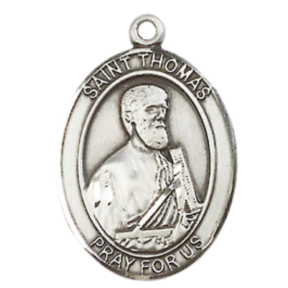 Everlasting Light Jewelry Medium Men's Pewter Patron Saint St.Thomas the Apostle Medal Pendant with 24" Rhodium Plated Heavy Curb Chain Catholic Religious Necklace - Made in USA,Deluxe Velvet Gift Box