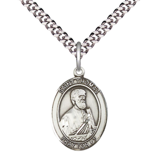 Medium Men's .925 Sterling Silver Patron Saint St. Thomas the Apostle Medal Pendant with 24 Inch Rhodium Plated Heavy Curb Chain Catholic Religious Necklace - Made in USA, Deluxe Velvet Gift Box