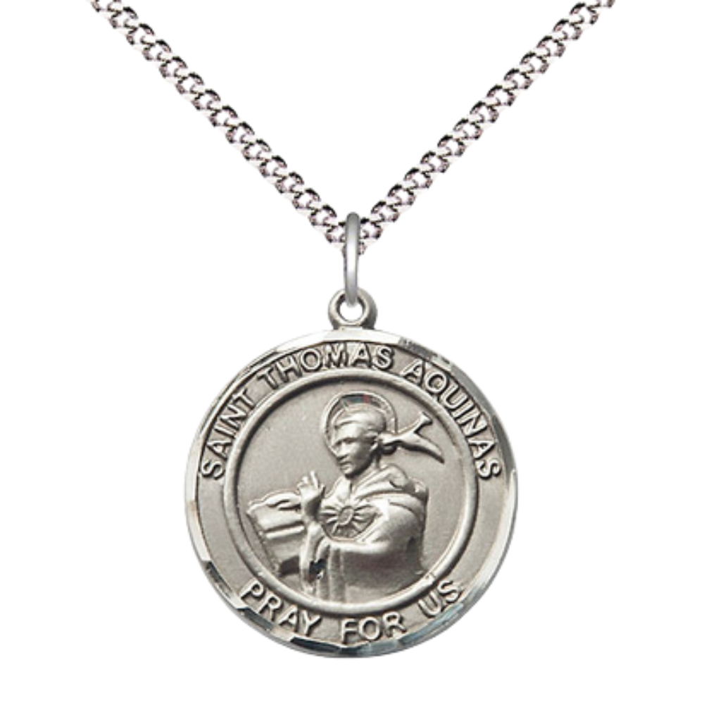 Medium Women's .925 Sterling Silver Saint St. Thomas Aquinas Pendant Necklace on 18 Inch Rhodium- Plated Lite Curb Brass Chain with Lobster Claw Clasp – Patron Saint St. of Catholic Schools & Students – Velvet Gift Box