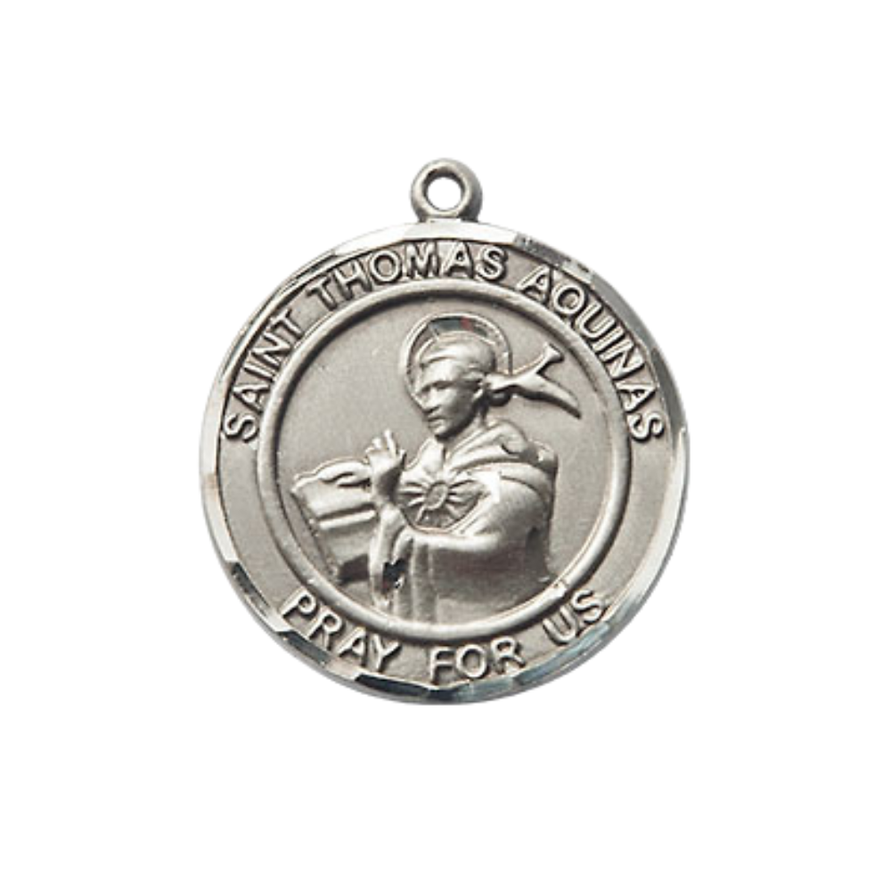 Medium Men's .925 Sterling Silver Saint St.Thomas Aquinas Medal Pendant on 24 Inch Endless Rhodium Plated Heavy Curb Brass Chain, Catholic Religious Necklace -Made in USA- Deluxe Velvet Gift Box