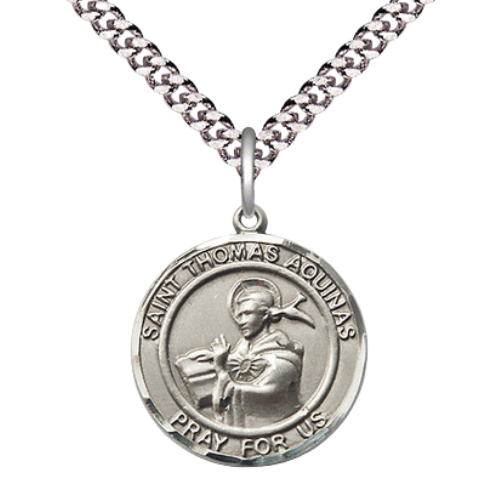 Medium Men's .925 Sterling Silver Saint St.Thomas Aquinas Medal Pendant on 24 Inch Endless Rhodium Plated Heavy Curb Brass Chain, Catholic Religious Necklace -Made in USA- Deluxe Velvet Gift Box