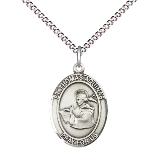 Everlasting Light Jewelry Medium Women's Pewter Saint Thomas Aquinas Pendant Necklace on 18-inch Rhodium-Plated Lite Curb Brass Chain – Patron Saint of Catholic Schools & Students – Velvet Gift Box Included