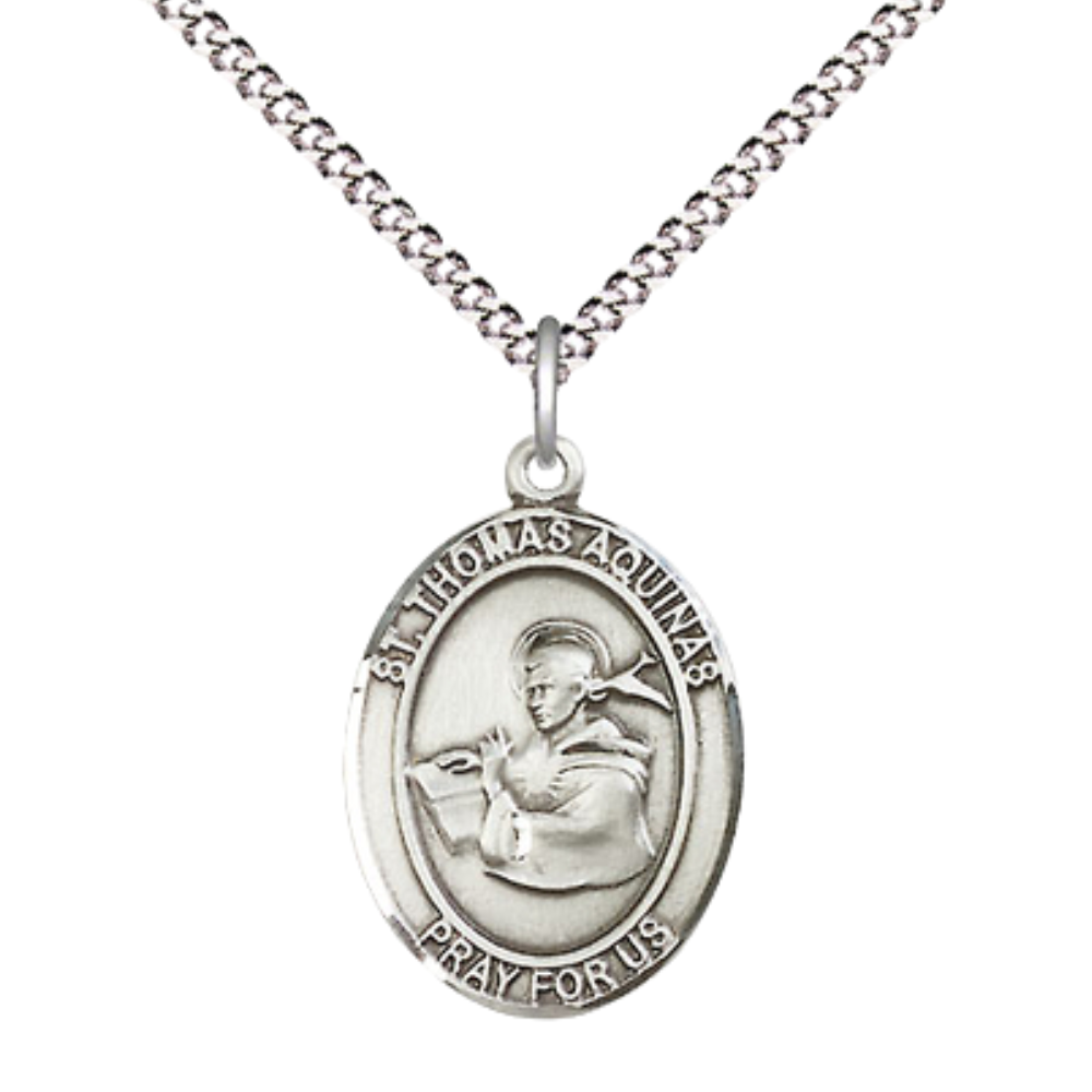 Medium Women's .925 Sterling Silver Saint St. Thomas Aquinas Pendant Necklace on 18 Inch Rhodium Plated Lite Curb Brass Chain – Patron Saint St. of Catholic Schools & Students – Velvet Gift Box Included