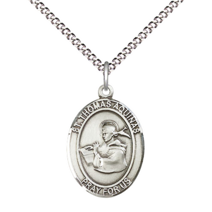 Medium Women's .925 Sterling Silver Saint St. Thomas Aquinas Pendant Necklace on 18 Inch Rhodium Plated Lite Curb Brass Chain – Patron Saint St. of Catholic Schools & Students – Velvet Gift Box Included