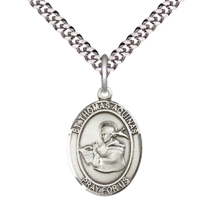 Medium Mens Oval .925 Sterling Silver Saint St. Thomas Aquinas Medal Pendant on 24 Inch Rhodium Plated Heavy Curb Brass Chain w/ Lobster Claw Clasp, Catholic Religious Necklace - Made in USA- Velvet Gift Box