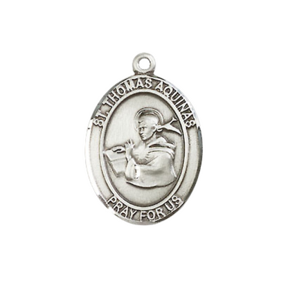 Mens Medium Oval Pewter Saint Thomas Aquinas Medal Pendant on 24" Rhodium Plated Heavy Curb Brass Chain w/ Lobster Claw Clasp, Catholic Religious Necklace -Made in USA-Velvet Gift Box