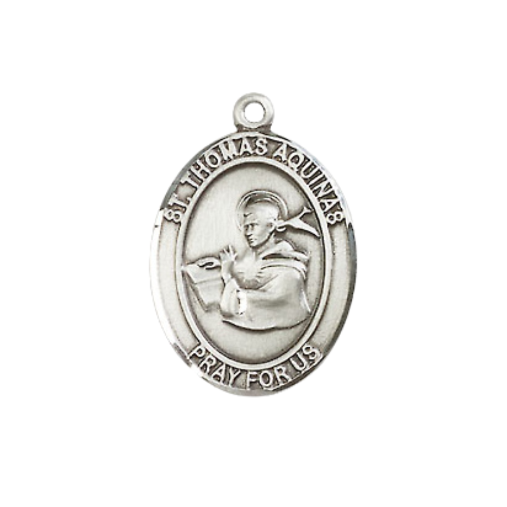 Medium Men's .925 Sterling Silver Saint St. Thomas Aquinas Medal Pendant on 24 Inch Endless Rhodium Plated Heavy Curb Brass Chain, Catholic Religious Necklace - Made in USA - Deluxe Velvet Gift Box