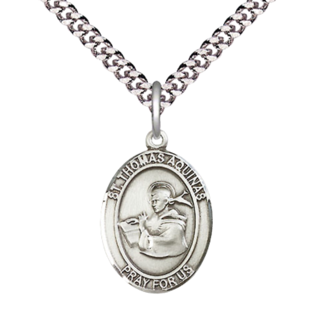 Mens Medium Oval Pewter Saint Thomas Aquinas Medal Pendant on 24" Rhodium Plated Heavy Curb Brass Chain w/ Lobster Claw Clasp, Catholic Religious Necklace -Made in USA-Velvet Gift Box