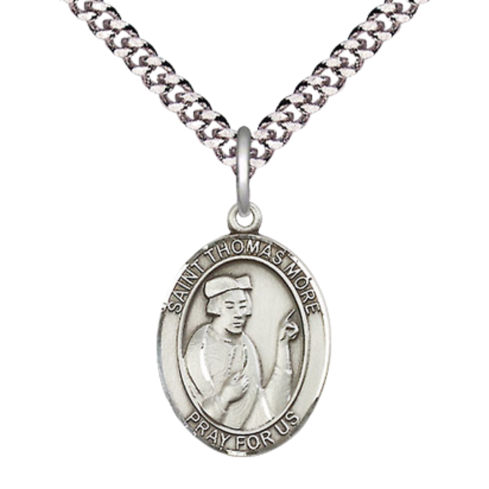 Everlasting Light Jewelry Medium Men's Pewter Saint St. Thomas More Medal Pendant on 24 Inch Endless Rhodium Plated Heavy Curb Brass Chain, Catholic Religious Necklace - Made in USA- Deluxe Velvet Gift Box