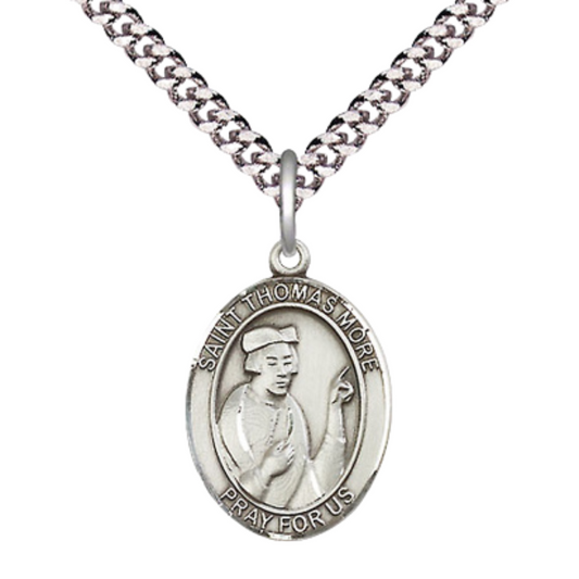 Everlasting Light Jewelry Medium Men's Pewter Saint St. Thomas More Medal Pendant on 24 Inch Endless Rhodium Plated Heavy Curb Brass Chain, Catholic Religious Necklace - Made in USA- Deluxe Velvet Gift Box