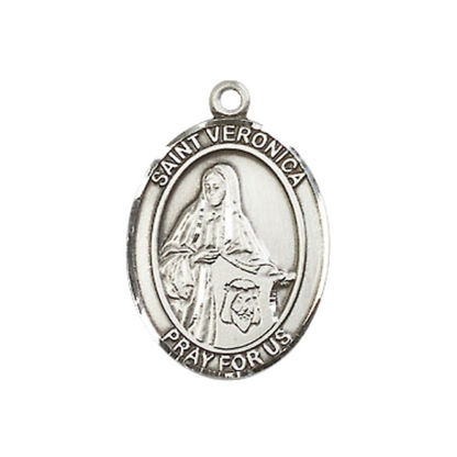 .925 Sterling Silver Saint St. Veronica Medal Pendant on 18 Inch Rhodium Plated Lite Curb Brass Chain with Lobster Claw Clasp, Catholic Religious Necklace - Made in USA- Prayer Card Included