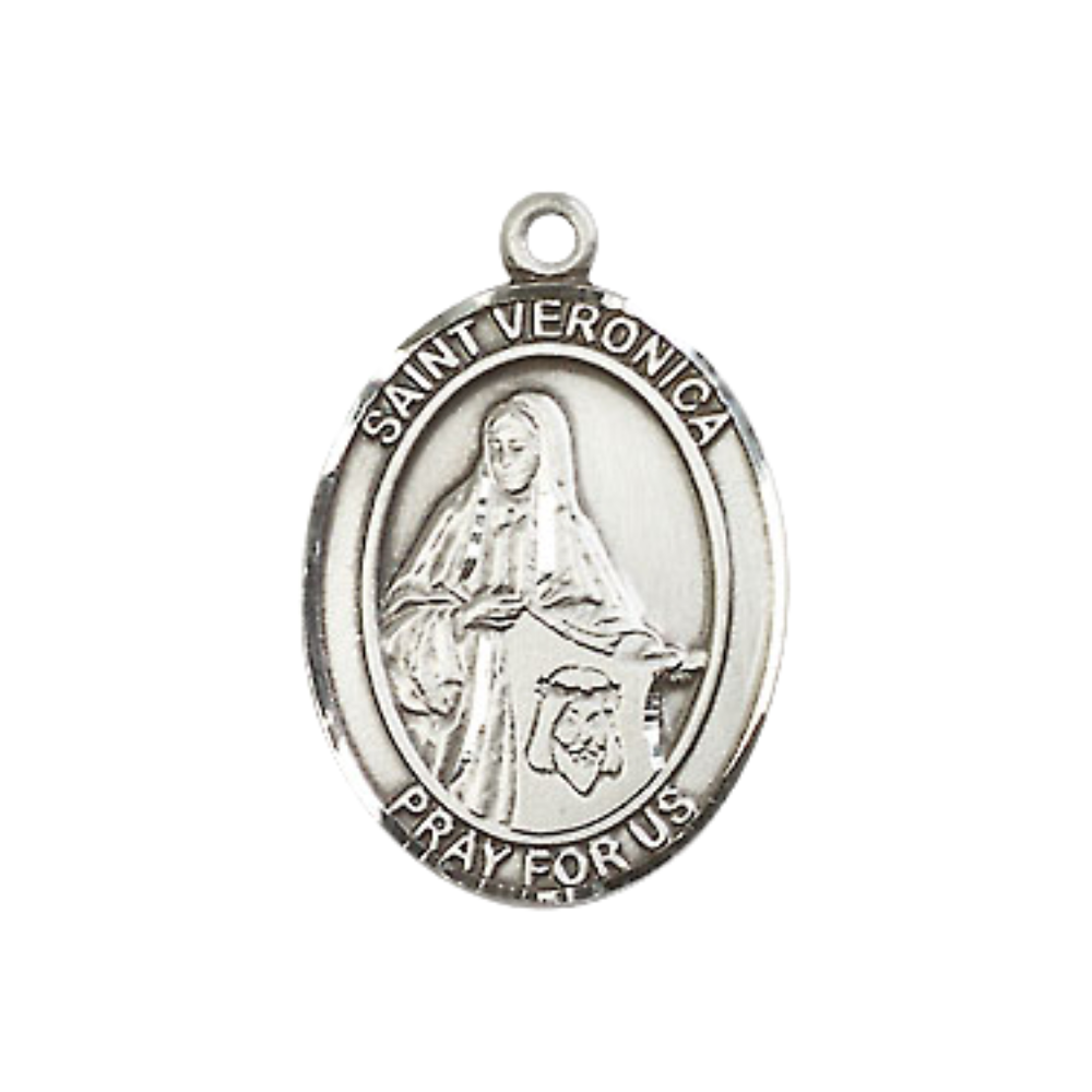 Pewter Saint St. Veronica Medal Pendant on 18 Inch Rhodium Plated Lite Curb Brass Chain with Lobster Claw Clasp, Catholic Religious Necklace - Made in USA- Prayer Card Included
