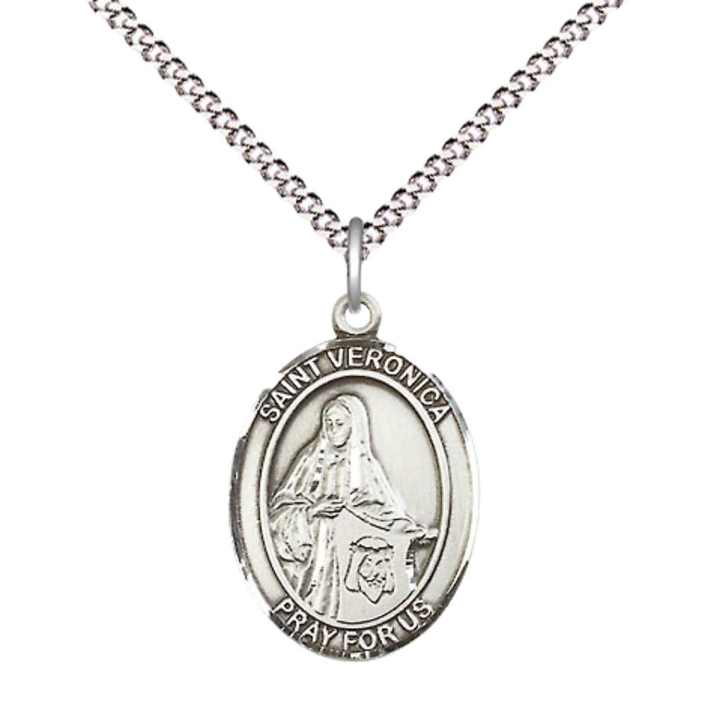 .925 Sterling Silver Saint St. Veronica Medal Pendant on 18 Inch Rhodium Plated Lite Curb Brass Chain with Lobster Claw Clasp, Catholic Religious Necklace - Made in USA- Prayer Card Included