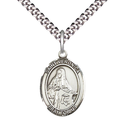 Mens Medium Oval Pewter Saint Veronica Medal Pendant on 24" Rhodium Plated Heavy Curb Brass Chain with Lobster Claw Clasp, Catholic Religious Necklace -Made in USA- Deluxe Velvet Gift Box
