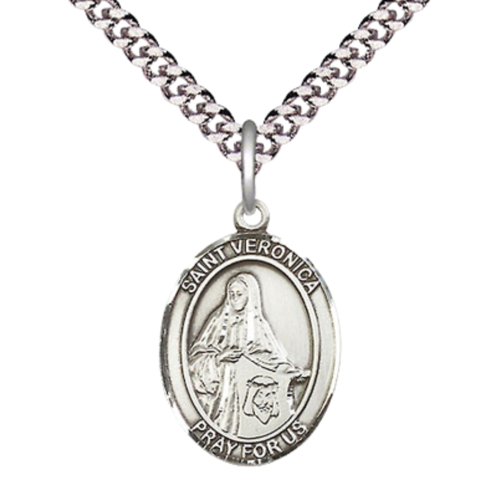 Medium Men's .925 Sterling Silver Saint St. Veronica Medal Pendant on 24 Inch Endless Rhodium Plated Heavy Curb Brass Chain, Catholic Religious Necklace - Made in USA- Deluxe Velvet Gift Box