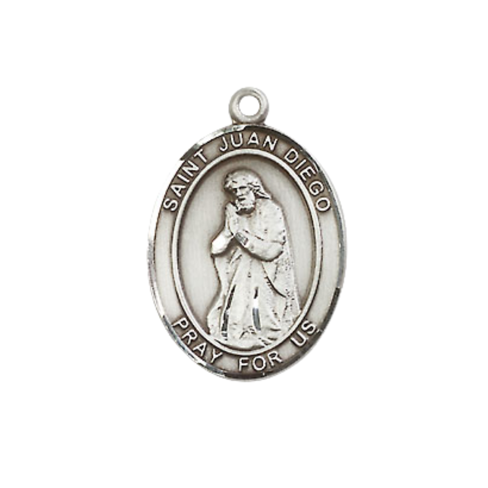 Everlasting Light Jewelry Medium Women's .925 Sterling Silver Saint St. Juan Diego Pendant Necklace on 18 Inch Rhodium Plated Lite Curb Brass Chain – Patron Saint St. of Americas/Natives, Catholic Medal – Velvet Gift Box Included