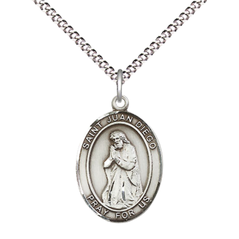Everlasting Light Jewelry Medium Women's Pewter Saint St. Juan Diego Pendant Necklace on 18- inch Rhodium- Plated Lite Curb Brass Chain – Patron Saint St. of Americas & Natives, Catholic Medal – Velvet Gift Box Included