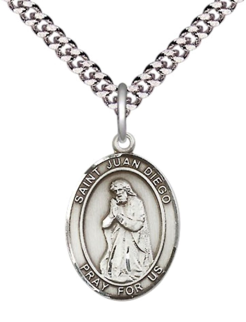 Mens Medium Oval .925 Sterling Silver Saint St. Juan Diego Medal Pendant on 24 Inch Rhodium Plated Heavy Curb Brass Chain w/ Lobster Claw Clasp, Catholic Religious Necklace - Made in USA- Velvet Gift Box