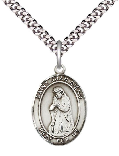 Mens Medium Oval .925 Sterling Silver Saint St. Juan Diego Medal Pendant on 24 Inch Rhodium Plated Heavy Curb Brass Chain w/ Lobster Claw Clasp, Catholic Religious Necklace - Made in USA- Velvet Gift Box