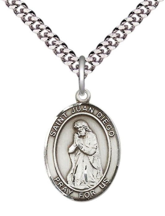 Mens Medium Oval .925 Sterling Silver Saint St. Juan Diego Medal Pendant on 24 Inch Rhodium Plated Heavy Curb Brass Chain w/ Lobster Claw Clasp, Catholic Religious Necklace - Made in USA- Velvet Gift Box