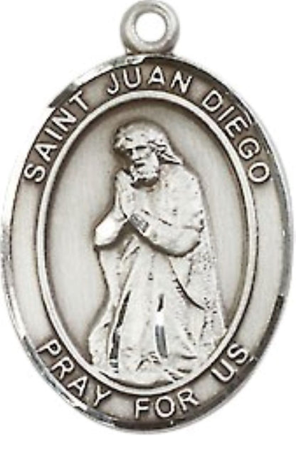 Everlasting Light Jewelry Medium Men's Pewter Saint St. Juan Diego Medal Pendant on 24 Inch Endless Rhodium Plated Heavy Curb Brass Chain, Catholic Religious Necklace - Made in USA- Deluxe Velvet Gift Box
