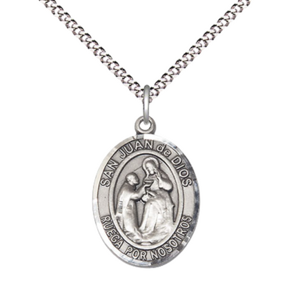Everlasting Light Jewelry Medium Women's .925 Sterling Silver San Juan de Dios Pendant Necklace on 18 Inch Rhodium Plated Lite Curb Brass Chain – Patron Saint St. of the Sick & Poor, Catholic Medal – Velvet Gift Box Included