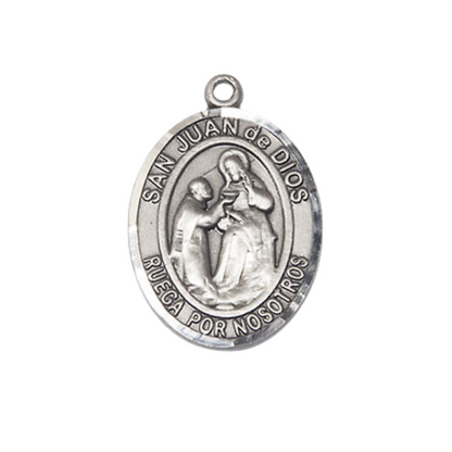 Everlasting Light Jewelry Spanish Script Men's Pewter Saint St. Juan de Dios Medal Pendant on 24 Inch Endless Rhodium Plated Heavy Curb Chain, Catholic Religious Necklace - Made in USA- Deluxe Velvet Gift Box