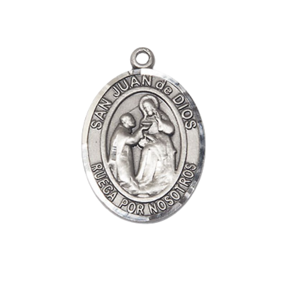Mens Medium Oval .925 Sterling Silver Saint St. Juan de Dios Medal Pendant on 24 Inch Rhodium Plated Heavy Curb Brass Chain w/ Lobster Claw Clasp, Catholic Religious Necklace - Made in USA- Velvet Gift Box