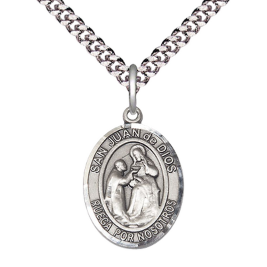Spanish Script Men's .925 Sterling Silver San Juan de Dios Medal Pendant on 24 Inch Endless Rhodium Plated Heavy Curb Chain,Catholic Religious Necklace -Made in USA, Comes in Deluxe Velvet Gift Box