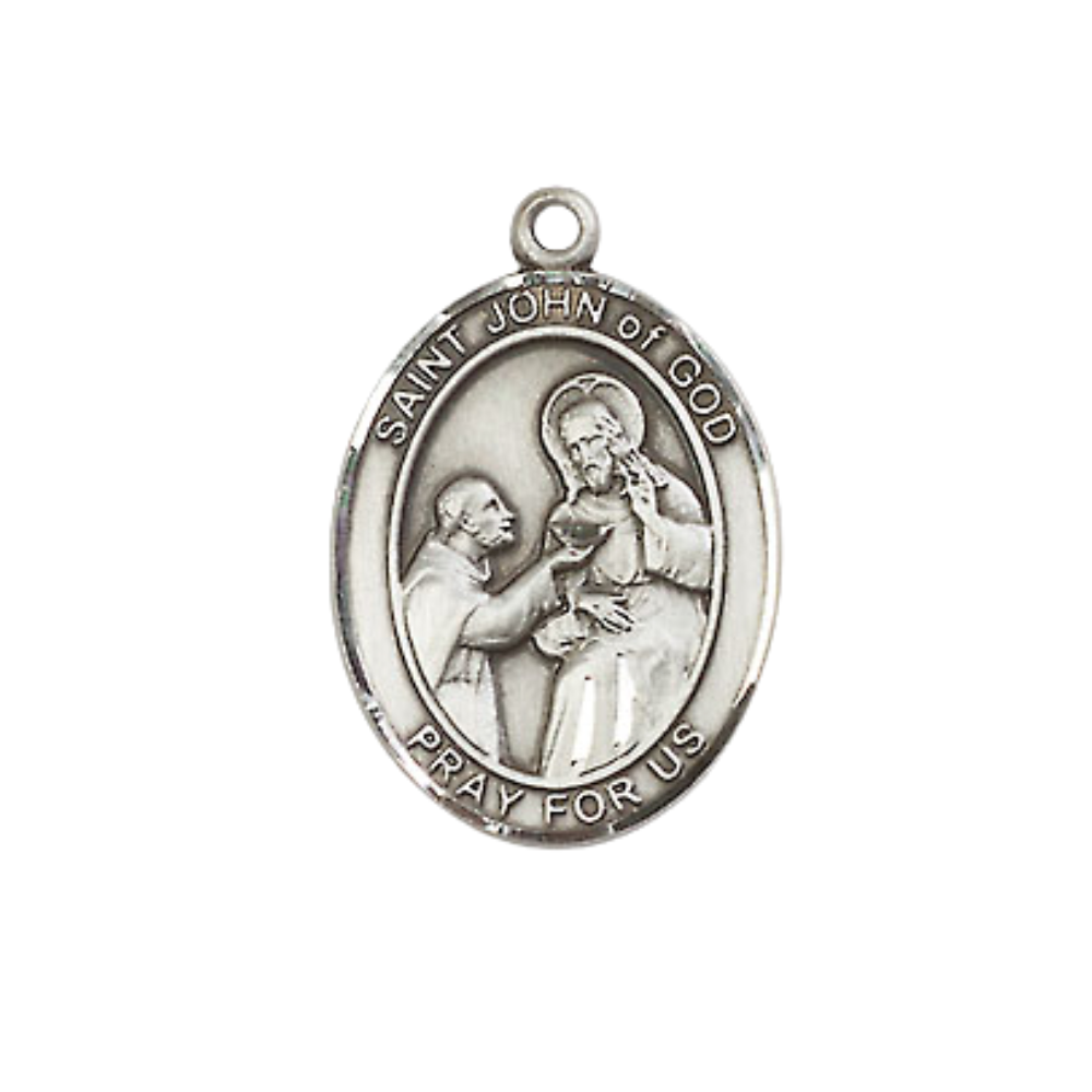Everlasting Light Jewelry Medium Women's Pewter Saint St. John of God Pendant Necklace on 18- inch Rhodium- Plated Lite Curb Brass Chain – Patron Saint St. of Alcoholics & the Sick, Catholic Medal – Velvet Gift Box Included