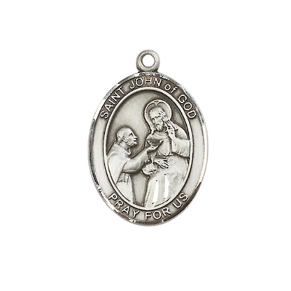 Everlasting Light Jewelry Medium Women's Pewter Saint St. John of God Pendant Necklace on 18- inch Rhodium- Plated Lite Curb Brass Chain – Patron Saint St. of Alcoholics & the Sick, Catholic Medal – Velvet Gift Box Included