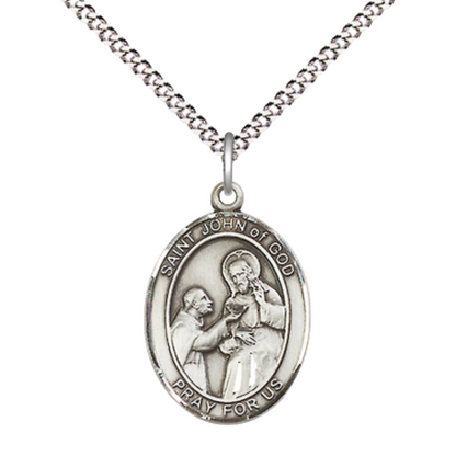 Everlasting Light Jewelry Medium Women's Pewter Saint St. John of God Pendant Necklace on 18- inch Rhodium- Plated Lite Curb Brass Chain – Patron Saint St. of Alcoholics & the Sick, Catholic Medal – Velvet Gift Box Included
