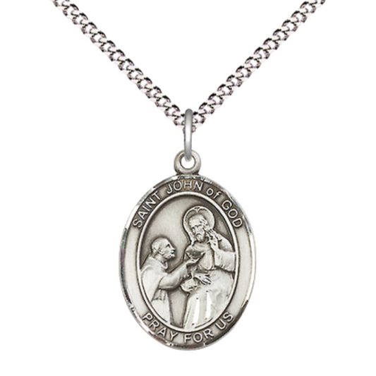 Everlasting Light Jewelry Medium Women's Pewter Saint St. John of God Pendant Necklace on 18- inch Rhodium- Plated Lite Curb Brass Chain – Patron Saint St. of Alcoholics & the Sick, Catholic Medal – Velvet Gift Box Included