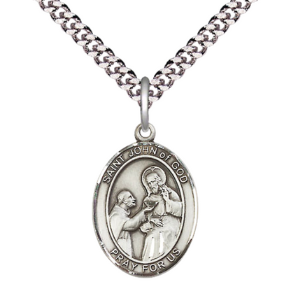 Mens Medium Oval Sterling Silver Saint John of God Medal Pendant on 24" Rhodium Plated Heavy Curb Brass Chain w/ Lobster Claw Clasp, Catholic Religious Necklace -Made in USA-Velvet Gift Box
