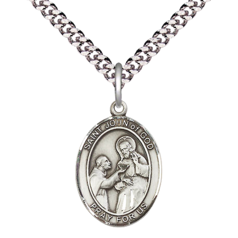 Everlasting Light Jewelry Medium Men's Pewter Saint St. John of God Medal Pendant on 24 Inch Endless Rhodium Plated Heavy Curb Brass Chain, Catholic Religious Necklace - Made in USA- Deluxe Velvet Gift Box