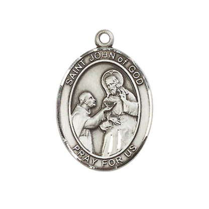 Mens Medium Oval Pewter Saint St. John of God Medal Pendant on 24 Inch Rhodium Plated Heavy Curb Brass Chain with Lobster Claw Clasp, Catholic Religious Necklace - Made in USA- Deluxe Velvet Gift Box