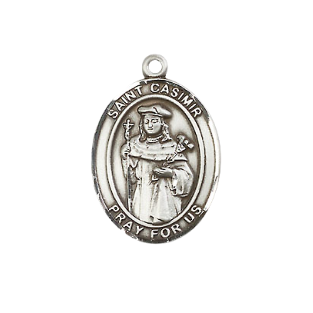 Everlasting Light Jewelry Medium Women's .925 Sterling Silver Saint St. Casimir of Poland Pendant Necklace on 18 Inch Rhodium Plated Lite Curb Brass Chain – Patron Saint St. of Bachelors & Poland, Catholic Medal – Velvet Gift Box Included