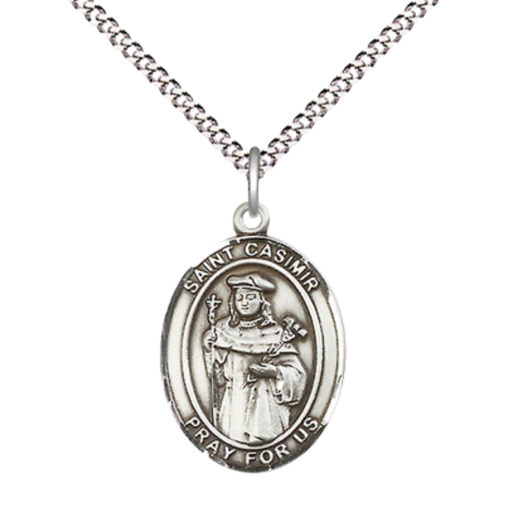 Everlasting Light Jewelry Medium Women's .925 Sterling Silver Saint St. Casimir of Poland Pendant Necklace on 18 Inch Rhodium Plated Lite Curb Brass Chain – Patron Saint St. of Bachelors & Poland, Catholic Medal – Velvet Gift Box Included