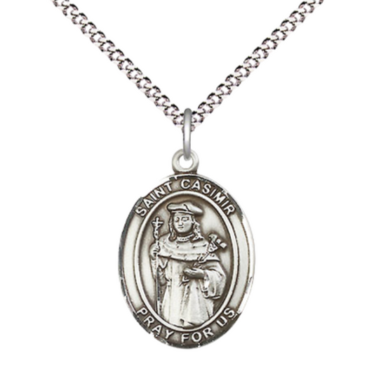 Everlasting Light Jewelry Medium Women's .925 Sterling Silver Saint St. Casimir of Poland Pendant Necklace on 18 Inch Rhodium Plated Lite Curb Brass Chain – Patron Saint St. of Bachelors & Poland, Catholic Medal – Velvet Gift Box Included