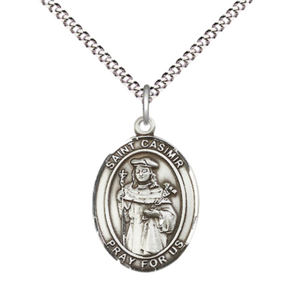 Everlasting Light Jewelry Medium Women's Pewter Saint St. Casimir of Poland Pendant Necklace on 18- inch Rhodium- Plated Lite Curb Brass Chain – Patron Saint St. of Bachelors & Poland, Catholic Medal – Velvet Gift Box Included