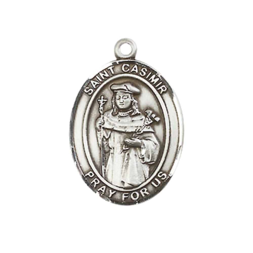 Medium Mens Oval .925 Sterling Silver Saint St. Casimir of Poland Medal Pendant on 24 Inch Rhodium Plated Heavy Curb Brass Chain w/ Lobster Claw Clasp, Catholic Religious Necklace - Made in USA- Velvet Gift Box
