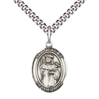 Everlasting Light Jewelry Medium Men's Pewter Saint St. Casimir of Poland Medal Pendant on 24 Inch Endless Rhodium Plated Heavy Curb Brass Chain, Catholic Religious Necklace - Made in USA- Deluxe Velvet Gift Box