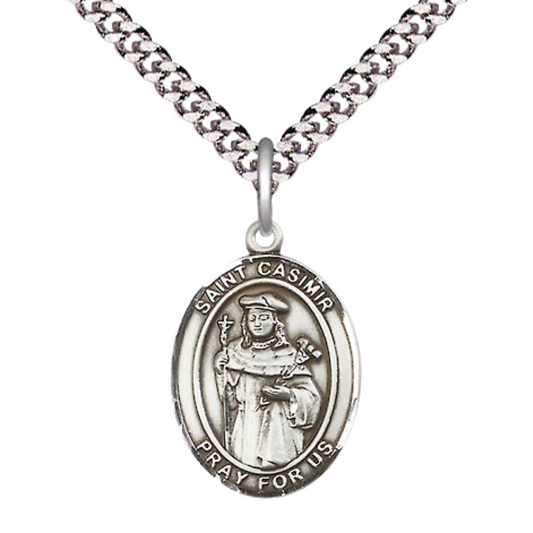Medium Mens Oval .925 Sterling Silver Saint St. Casimir of Poland Medal Pendant on 24 Inch Rhodium Plated Heavy Curb Brass Chain w/ Lobster Claw Clasp, Catholic Religious Necklace - Made in USA- Velvet Gift Box