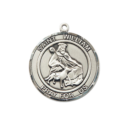 Medium Women's Pewter Saint St. William of Rochester Medal Pendant on 18 Inch Rhodium Plated Lite Curb Brass Chain w/ Lobster Claw clasp, Catholic Religious Necklace - Made in USA - Deluxe Velvet Gift Box