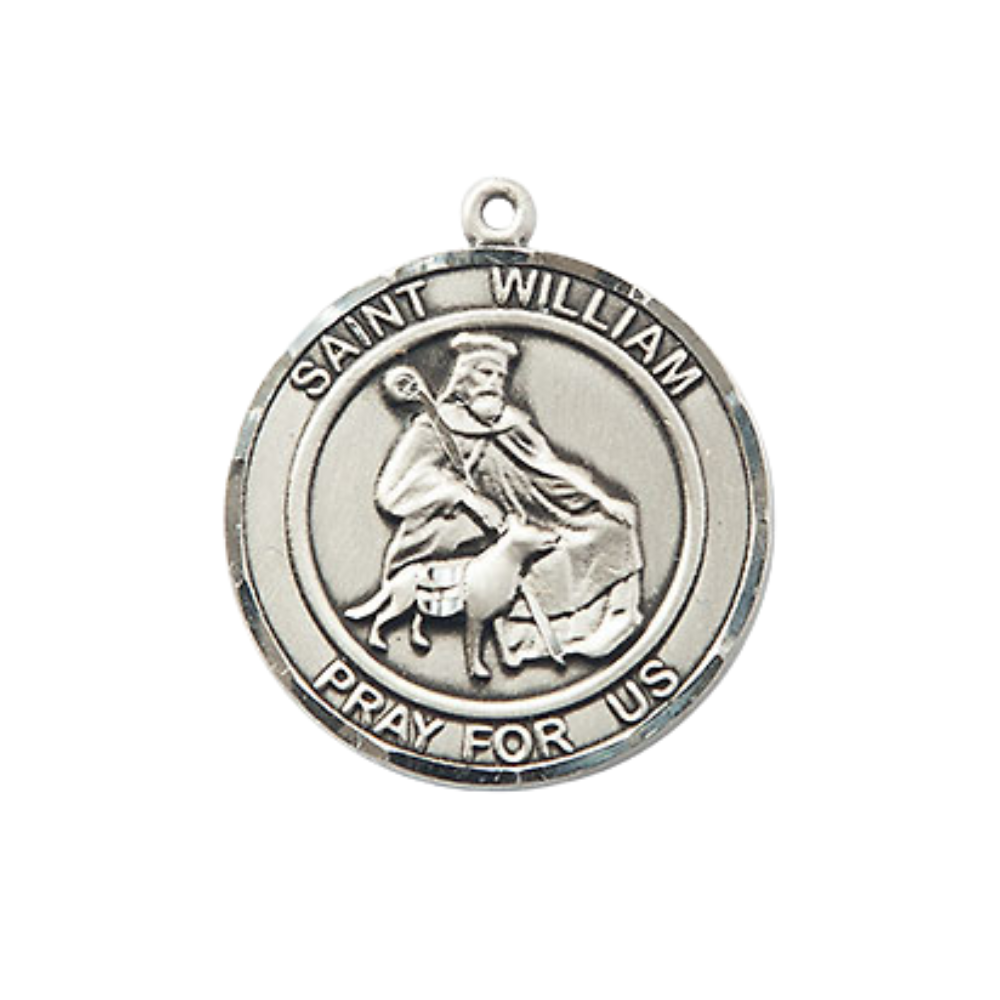 Medium Women's .925 Sterling Silver Saint St. William of Rochester Pendant Necklace – ¾” x ?” Medal on 18 Inch Rhodium- Plated Lite Curb Brass Chain with Lobster Claw Clasp, Catholic Medal – Velvet Gift Box Included