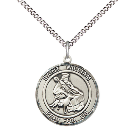 Medium Women's .925 Sterling Silver Saint St. William of Rochester Pendant Necklace – ¾” x ?” Medal on 18 Inch Rhodium- Plated Lite Curb Brass Chain with Lobster Claw Clasp, Catholic Medal – Velvet Gift Box Included