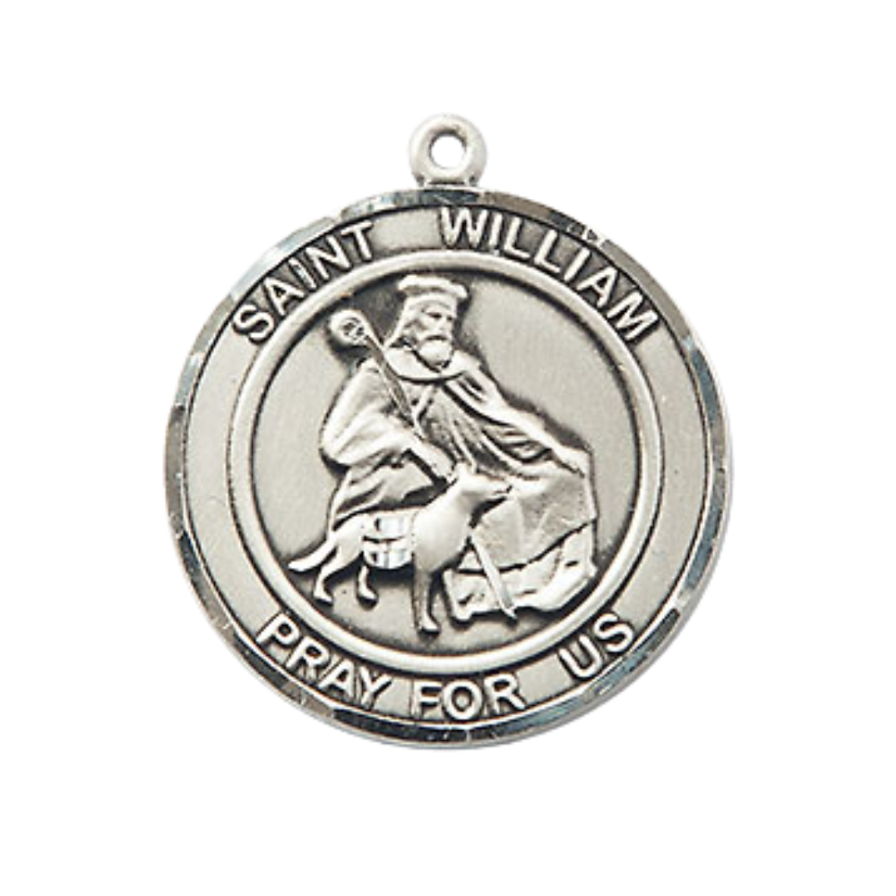 Men's Pewter Saint St. William of Rochester Round Medium Medal Pendant on 24 Inch Endless Rhodium Plated Heavy Curb Brass Chain, Catholic Religious Necklace - Made in USA- Deluxe Velvet Gift Box
